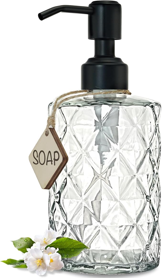 JASAI Diamond Design 12 Oz Glass Soap Dispenser with Black Pump | Small Hand soap Dispenser with Rust Proof Pump, Bathroom Soap Dispenser for Hand Soap, Liquid Soap, Dish Soap.