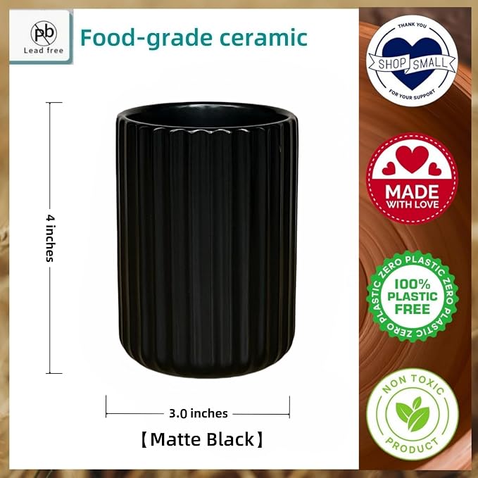 Stoneware Toothbrush Holder for Bathroom Tooth Brush Holder for Bathroom Toothbrush Cup Toothbrush Holders Cute Fluted Vertical Ribbed Stripe (Matte Black)