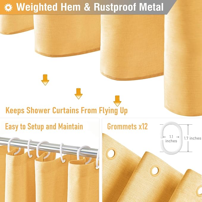 Extra Long Linen Textured Waterproof Shower Curtain Set, 72x96, Gold | Extra Tall Size, 230GSM Polyester, Heavy Duty Cloth, Weighted Hem, 12 Plastic Hooks, Modern Hotel Style, Machine Washable