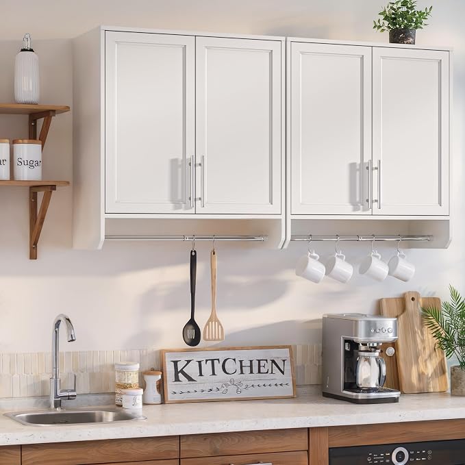 FIMELLO 29.5’’ Wall Cabinet with Hanging Rod, Laundry Room Cabinets Wall Mounted, Bathroom Wall Cabinet, Adjustable Shelf, Shaker Door, White