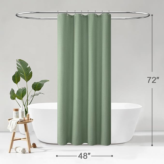 Stall Waffle Shower Curtain Heavyweight Cotton Fabric Sage Green 48Wx72L | Soft Cotton Cloth,3D Square Truely Waffle,Washable, Hotel Luxury Spa, Shower Curtains for Narrow Bathroom 12 Plastic Hooks