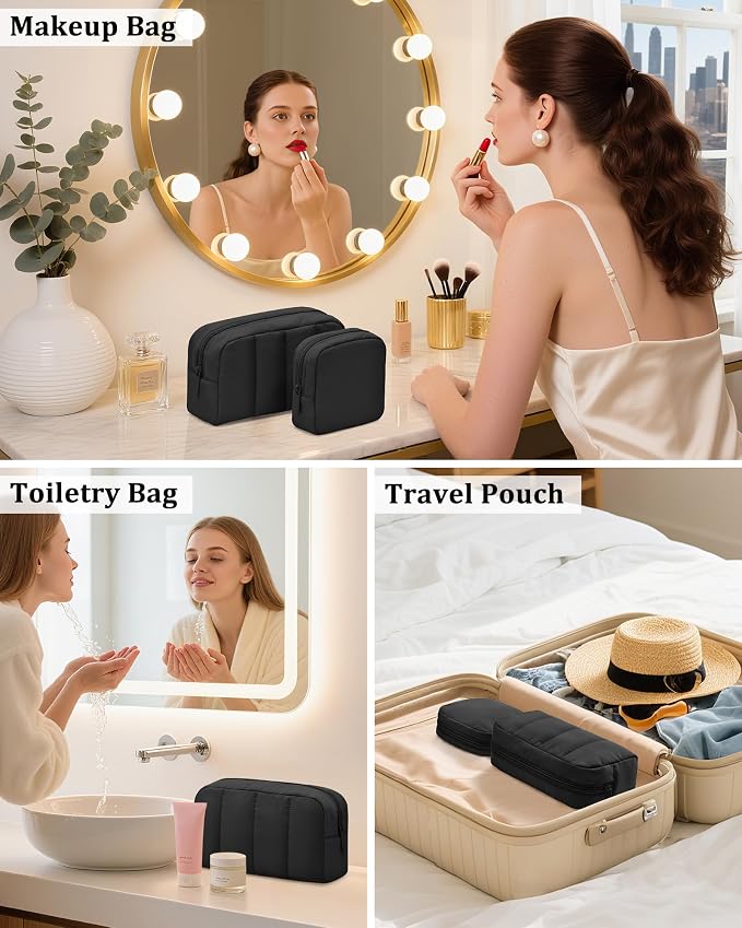 2 Pcs Makeup Bag Travel Toiletry Bag for Women Puffy Padded Cosmetic Pouch Purse Wide-open Makeup Organizer Case Travel Essentials