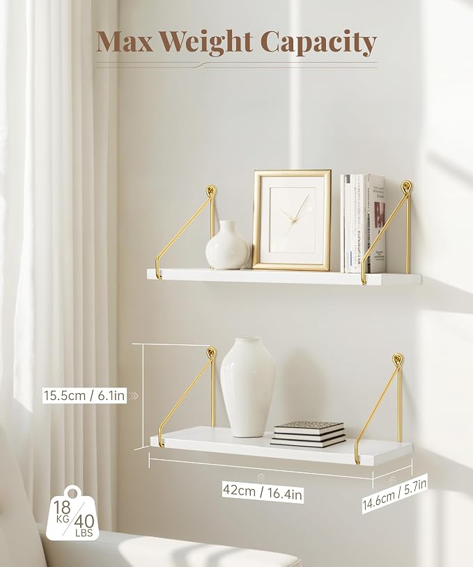Afuly Floating Shelves for Wall, White and Gold Shelf, Display Wall Shelves | Hanging Bookshelf with Bracket, Solid Wood and Metal, Plants Display, for Bathroom, Kitchen, Living Room, Bedroom, Home Decor