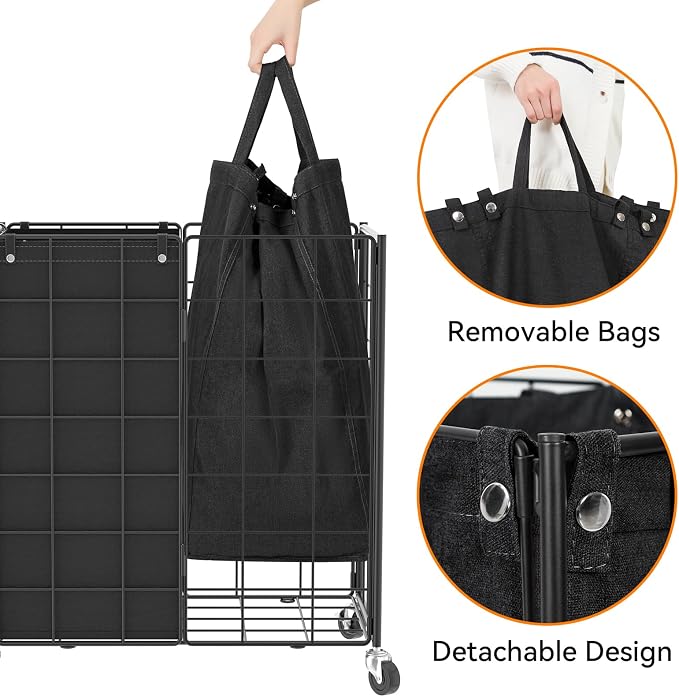 WOWLIVE Double Laundry Hamper with Wheels, Metal Rolling Laundry Basket | Wire Frame Hamper with 2 Removable Bags, 120L Dirty Clothes Hamper Organizer Dorm Room Storage for Bedroom, Black