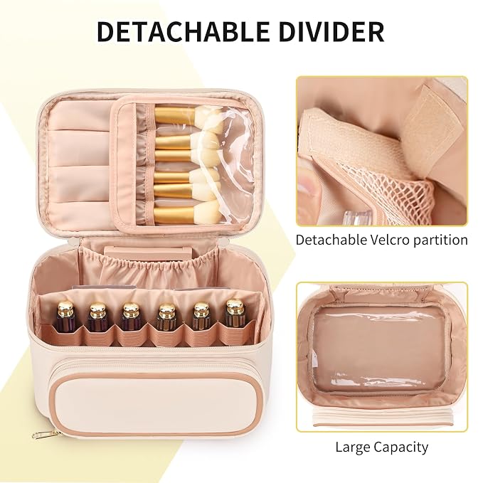 Makeup Bag, Multifunctional Large Cosmetic Organizer Toiletry Brushes Storage Case for Women Girls with Handle Divider - Beige