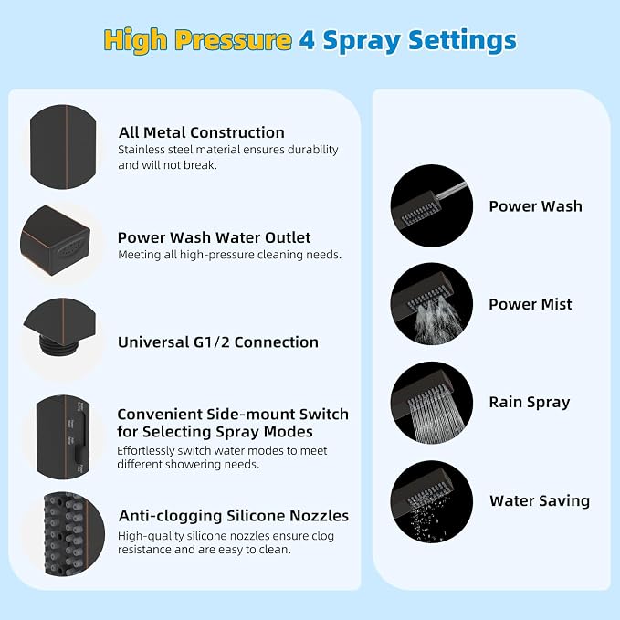 Hibbent All Metal cUPC Certified Shower Head, 10'' High Pressure Rainfall Showerhead Combo, Handheld Shower Wand, 12'' Adjustable Extension Arm, 4-Spray, 71'' Hose, Shower Holder, Oil Rubbed Bronze