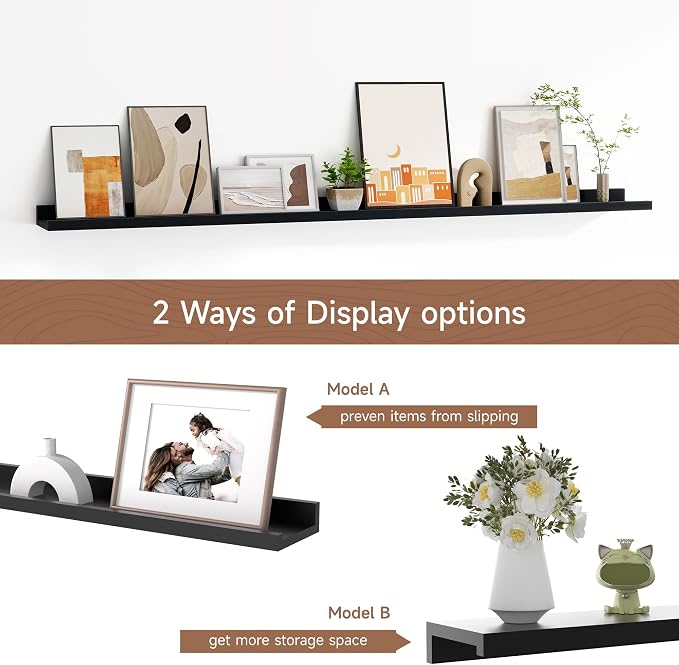 Fun Memories Picture Ledge Shelf, 40 Inch Floating Shelves Set of 2, Large Nursery Book Shelves for Toys Storage, Kids Bookshelf Wall Mounted for Wall Decor Books Photo Frames, Black