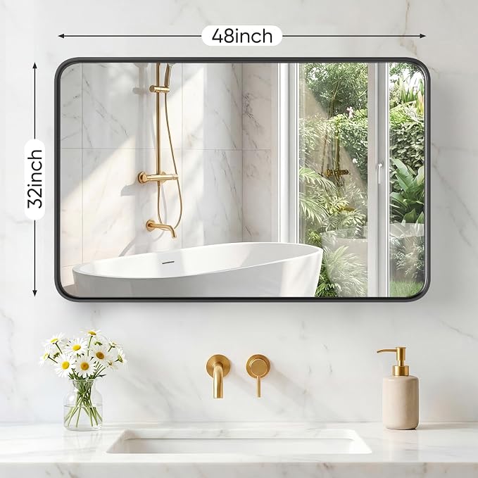 NEWBULIG Bathroom Mirror for Over Sink, 32X48 Inch Wall Vanity Mirror | Wall Mount, Tempered Glass, Anti-Rust Metal Framed, Rounded Rectangle, Farmhouse Home Decor, Black