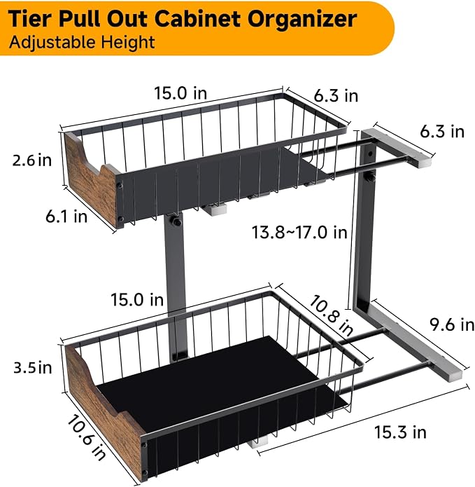 Pull Out Cabinet Organizer 2 Tier Metal Under Sink Organier | Shelf 5 Adjustable Height, Wood Handle, Anti Topple Over, Sturdy Slide out Storage Rack for Bathroom Kitchen Home Pantry