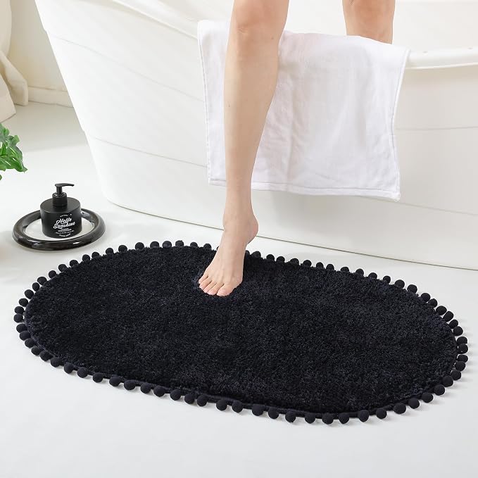YIRDDEO Oval Rug for Bathroom, Cute Boho Bath Mat with Pom, Black | Soft Plush, Absorbent, Quick Dry, Machine Washable, Non Slip Bath Mat for Bathroom Shower Floor Home Decor