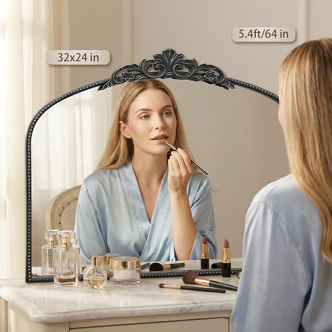 Micasso Vintage Black Arched Mirror: 32"x24" Baroque Antique Vanity Mirror | Traditional Ornate French Decorative Wall Mirror for Bedroom/Bathroom/Entryway/Hallway/Dresser/Mantel/Nightstand/Over Sink