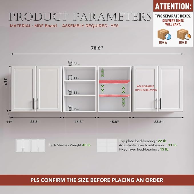 FIMELLO 78.6''W X 11''D X 21.7''H Wall Cabinets for Laundry Room, Wooden Kitchen Cabinet, Floating Wall Cabinets, Hanging Wall Cabinet for Laundry, Kitchen, White