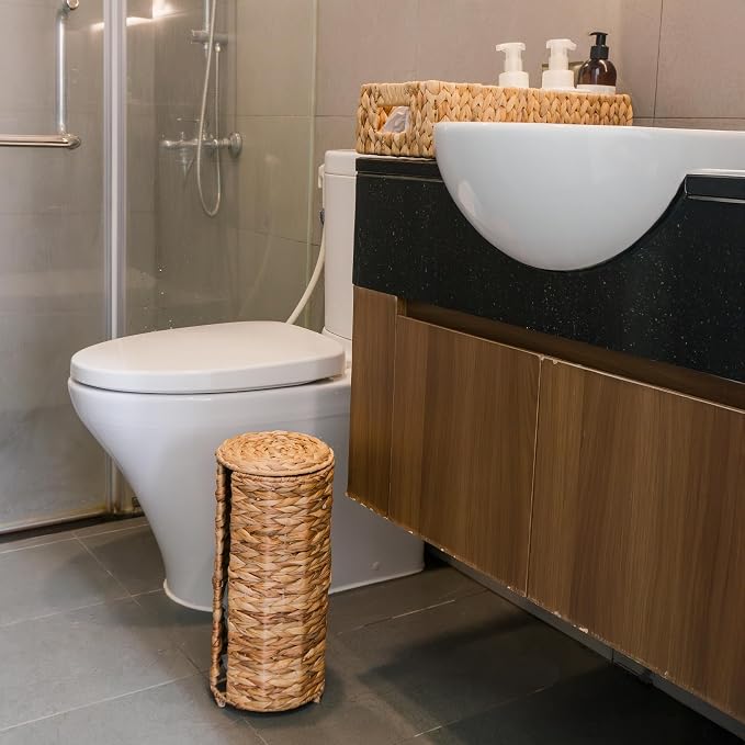 KOKODO Water Hyacinth Free Standing Toilet Paper Holder for Bathroom, Holds 3 Rolls of Toilet Tissue Storage with Removable Lid, Woven Wicker Toilet Roll Holder Stand with Easy Access Front Opening