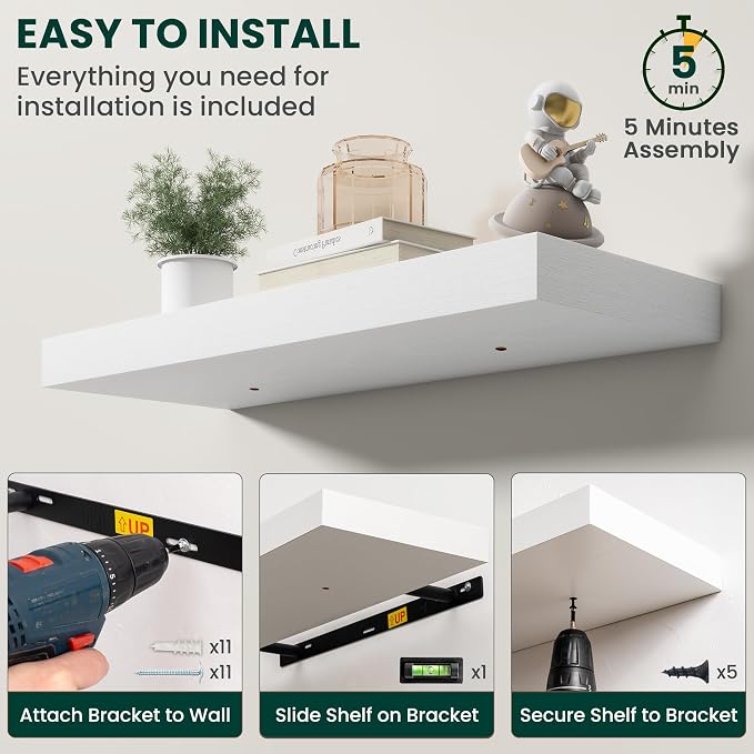 Floating Shelves for Wall, 24 Inch x 8 Inch Deep Wall Mounted Wood Shelf with Invisible Brackets for Storage & Display, Living Room Bedroom Kitchen, White, Set of 2