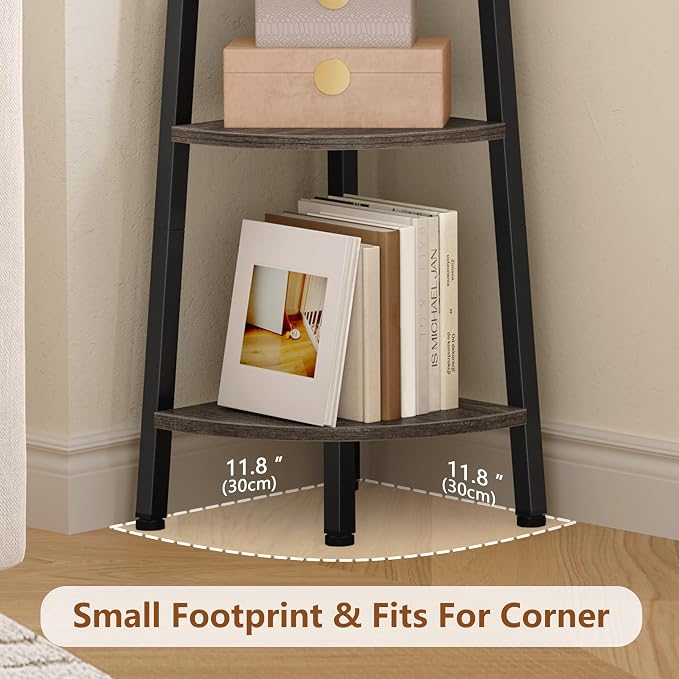 Hoctieon Corner Shelf, 6-Tier Corner Bookshelf, Rustic Ladder Shelf, Industrial Display Stand for Living Room, Kitchen, Home Office, Balcony, Small Space, Metal Frame, Grey