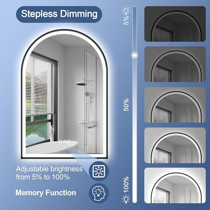STARLEAD 36"x24" Black Frameless Arched LED Bathroom Mirror with Bluetooth Speaker, Dimmable Lighting, 3 Color Temperature, Anti-Fog, Touch Control Wall Mounted Vanity Mirror