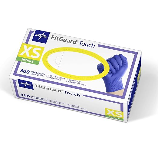 Medline FitGuard Touch Nitrile Exam Gloves, 300 Count, XSmall, Powder Free, Disposable, Not Made with Natural Rubber Latex, Excellent Sense of Touch for Medical Tasks, Durable for Household Chores