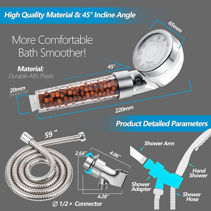 FASTRAS LED Shower Head with Handheld, Shower Head High Pressure Shower Head with Hose & Holder, 3 Water Temperature-Controlled Water Saving Filtered Shower Head for Dry Hair & Skin