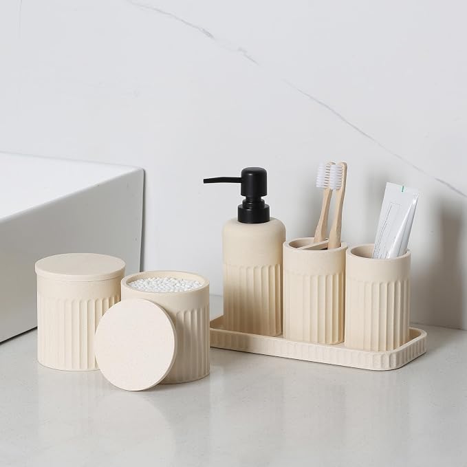 INIUNIK Bathroom Accessory Set, 6 Piece, Resin | Bathroom Accessories Set, Includes Soap Dispenser Set, Toothbrush Holders, Tumbler, Vanity Tray & 2 Qtip Holder