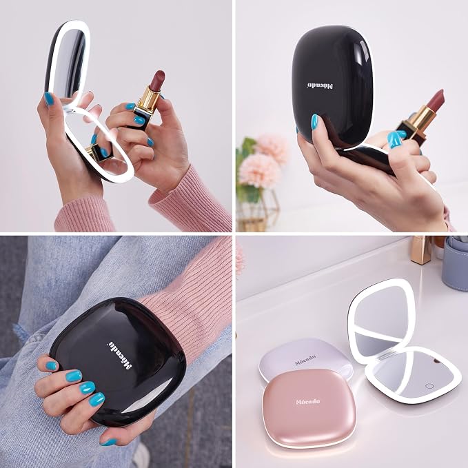 Mocado Compact LED Magnifying Travel Makeup-Mirror - 4 inches 1X/10X Magnification Small Hand Pocket Dimmable Double Sided USB Rechargeable Touch Screen, Portable Tabletop Cosmetic (Black) | Double Sides Lighted, 3 Colors Lighting, 0-100% Brightness, D...