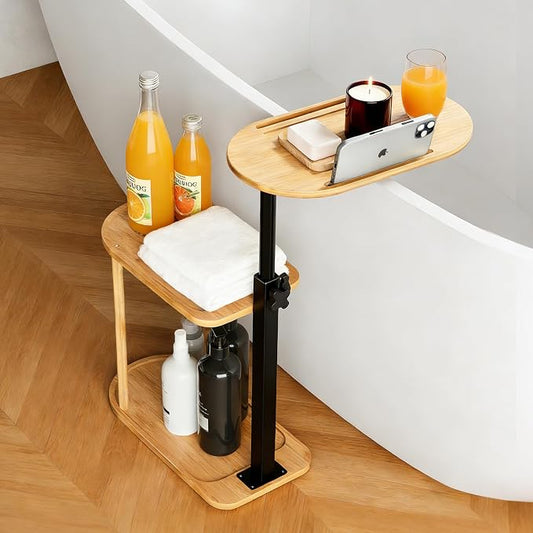 3-Tier Freestanding Bathtub Tray Table, Adjustable Bamboo Bath Caddy with Swivel Design, Standing Bath Shelf for Home Spa, Natural