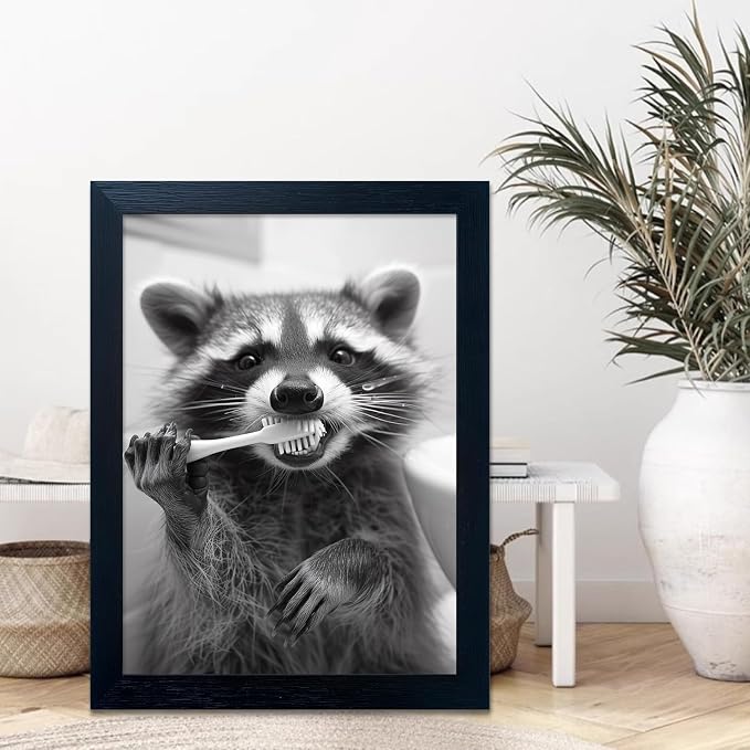 Funny Raccoon Wall Decor Animal Bathroom Wall Art Black and White Raccoon Brushing Teeth Picture Wood Framed Farmhouse Rustic Washroom Kid’s Room Decor Art