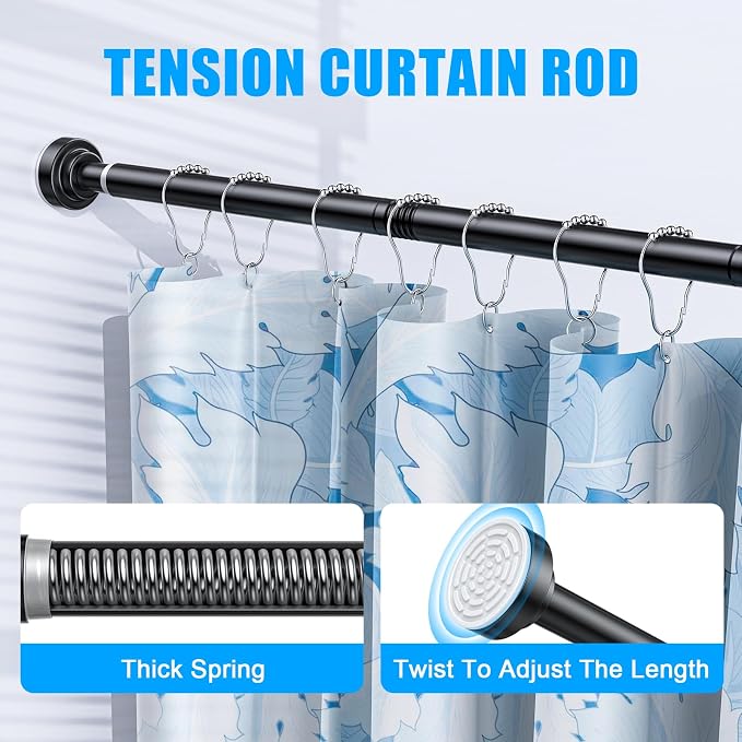 TEECK 2 Pack Shower Curtain Rod, 32-68 inch Adjustable Spring Tension Curtain Rod, Never Rust Anti-Slip Shower Curtain Rod for Bathroom, No Drilling, Never Collapse, Easy to Use, Black