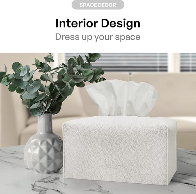 Tissue Box Cover, [Refined] Modern PU Leather Rectangular Tissue Box Holder - Decorative Holder/Organizer for Bathroom Vanity Countertop, Night Stands, Office Desk 9.5"X5"X5" - White