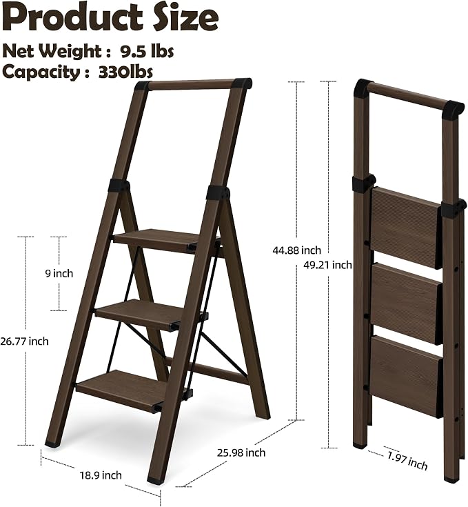 HillhutApex Aluminum 3 Step Ladder, Step Stool Foldable Ladder(Walnut) | Stepladder with Handgrip,Anti-Slip Pedals,330lbs Capacity,Lightweight Folding Ladder for Home,Office,Libaray