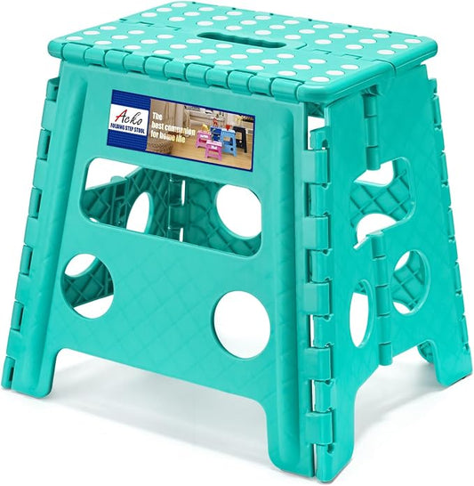 ACKO Folding Step Stool 13 Inch, Heavy Duty for Adults and Kids, Teal | Collapsible Foldable Stools, Non-Slip Surface Foot Stepping stool for Kitchen Bathroom Outdoor, Holds 300 lb, Built-in Handle