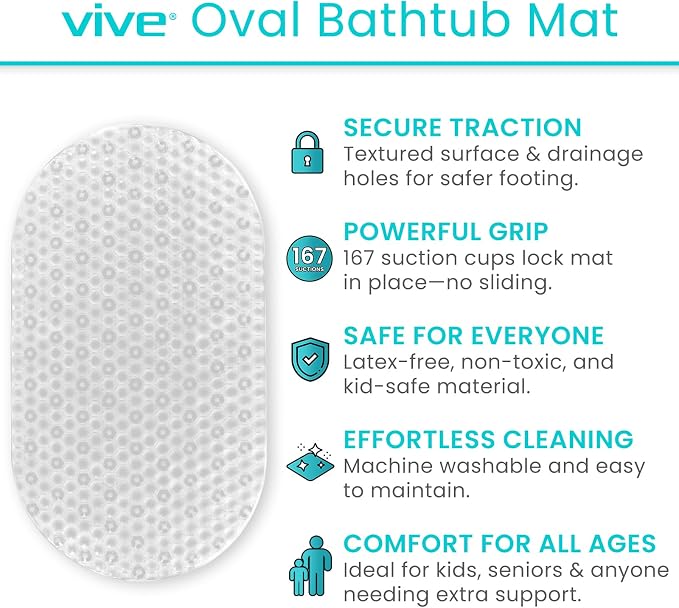 Vive Oval Bathtub Mat - Nonslip Shower Floor Pad - Non-Slip and Non-Skid | For Bath Tub with Strong Rubber Suction Cup Grip - for Baby, Elderly, Kids, Bathroom (Gray)