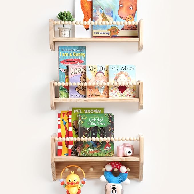 Nursery Floating Shelves for Kids Rooms – 16 Inches Floating Wall Bookshelves, Space - Saving for Kids Room, Bedroom and Study Room,Set of 3 (Pre-Strung Bead Strings)