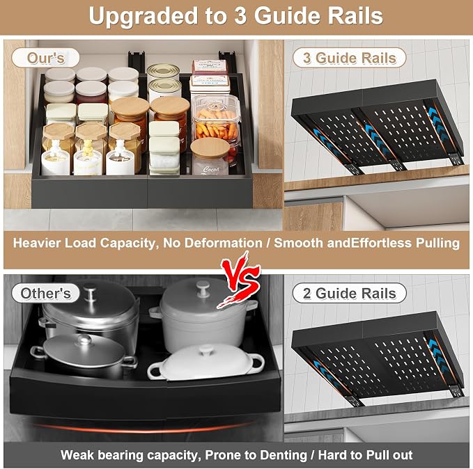 Fokyfok Pull out Cabinet Organizer,14"-21"W, 17"-24"D,Expandable,Adhesive | No Drill,3 Rails,Adjustable Slide out Drawers for Kitchen,Pantry,Roll out Shelves,for Cabinets Without Lip,Bathroom,Black,1PC