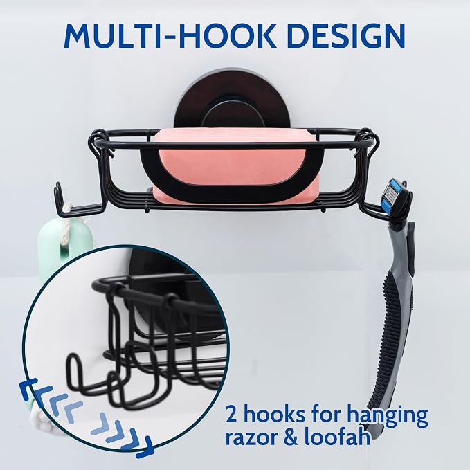 Soap Holder,Soap Dish,Suction Cup,with Hooks,Stainless Steel,Black | bar soap holder,storage soap & sponge for bathroom,shower,kitchen,sink,wall mounted,no drilling removable waterproof