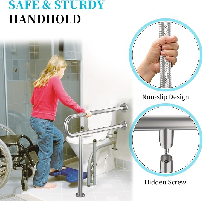 32 Inch Toilet Support Rail, Munzong Satin Brushed Nickel Handicap Grab Bar | Anti-Slip Stainless Steel Knurled Safety handrails with Leg for Bathroom Elderly Disabled Pregnant-1.25’Tube
