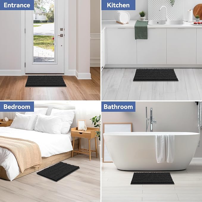 Bcoimo Small Bath Rug Mat,24x17 Chenille Non Slip Black Bathroom Floor Mats | Extra Soft Bathroom Rugs;Non Slip Rubber Back Bath Mats;High Absorbent & Quick Dry Microfiber mat;Machine Washable