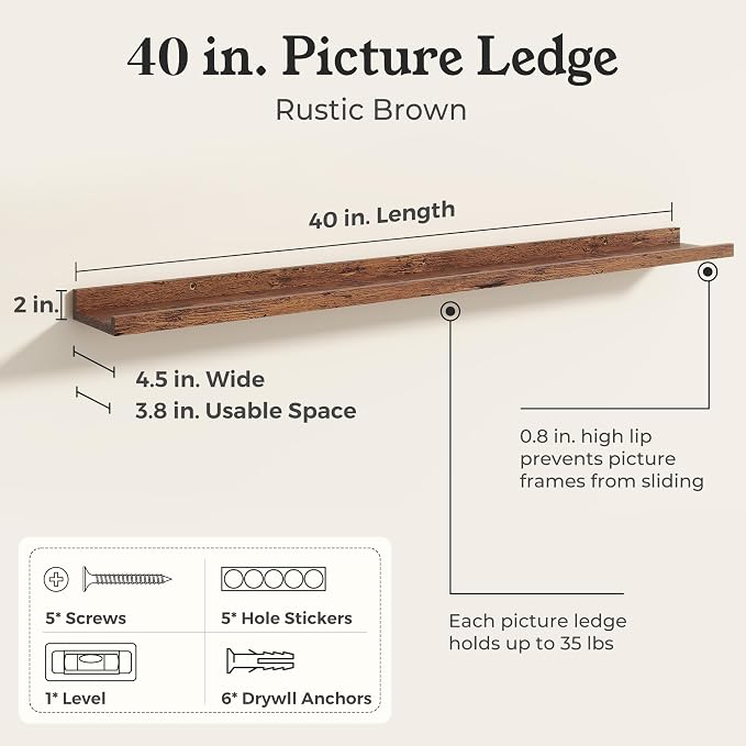 Brown Picture Ledge Shelves for Wall, 4.5" Deep Wood Floating Shelves with Lip for Bedroom, Living Room, 40" Width, Color Brown Set of 2