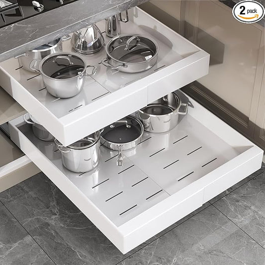 Seinloes 2 Pack Pull Out Cabinet Organizer 24" Deep,Full Extension 3 Slide Rails Slide Out Drawers With Raising Pad for Framed Cabinets,Expandable Width (12.3"-20.5"),No Drill Roll Out shelf,White