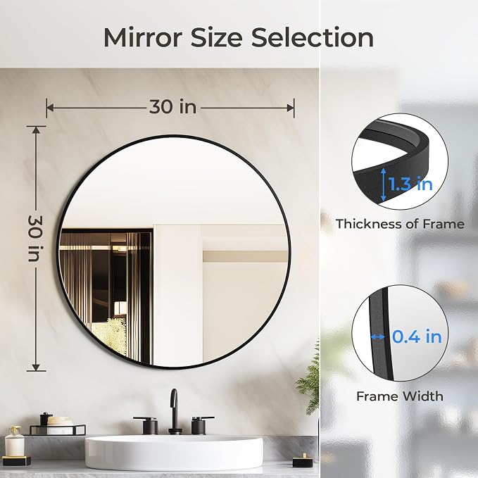 30 Inch Bathroom Mirrors for Over Sink | Circle Mirror with Metal Frame, Black Wall Mirror for Vanity, Entryway, Living Room, Hallway and Bedroom Decor