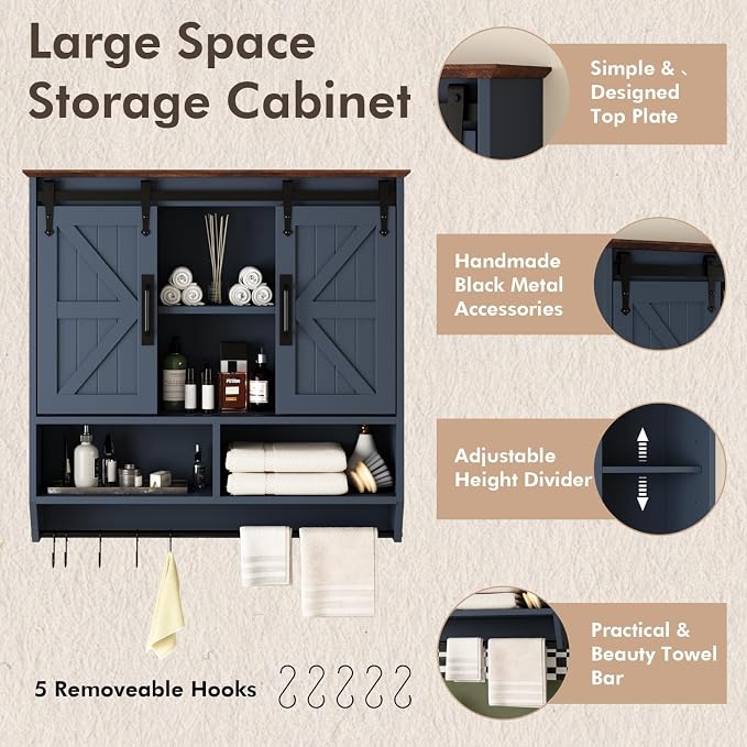 RUSTOWN Farmhouse Bathroom Wall Storage Cabinet with Sliding Barn Doors | 3-Tier, Rustic Wood Wall Mounted Cabinets, Vintage Medicine Cabinet, Adjustable Shelves, Over The Toilet Storage Cabinet