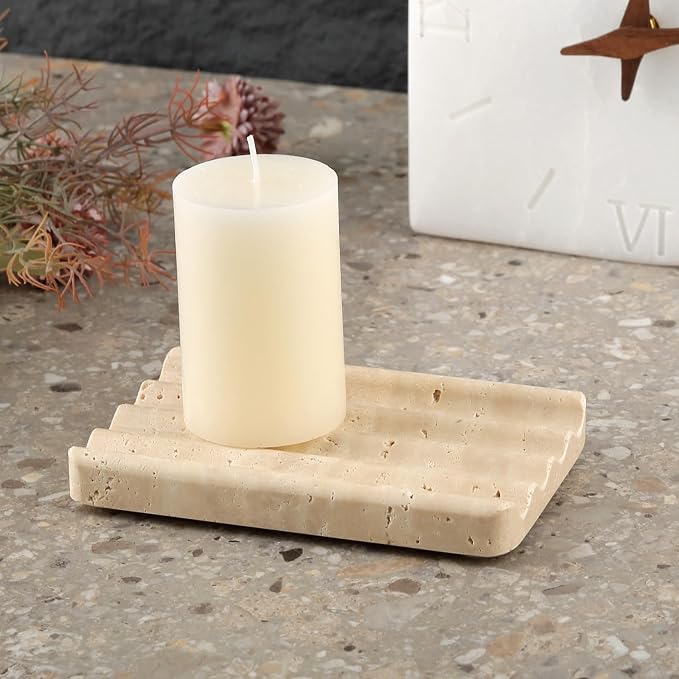 Karibiber Marble Soap Dish, Beige Travertine Bar Soap Holder Shower, Large Bathroom Soaps Saver, Easy Cleaning Natural Stone Sponge Holder for Kitchen Sink, Executive Jewelry Ring Tray