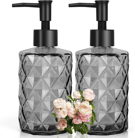11oz Glass Soap Dispenser with Plastic Pump, Clear Black Bathroom Soap Dispenser for Hand Wash & Dish Wash, Elegant Dispenser for Dishwashing Liquid, Lotion, Shower Gel, Essential Oil