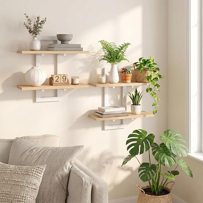 HOOBRO 2-Tier Floating Shelves, 15 Inch Wall Shelf Set of 2 | Wall Mounted Storage Shelves, Hanging Bathroom Shelves, for Living Room, Bedroom, Bathroom, Kitchen, Natural and White