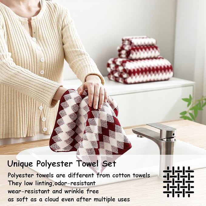 12 Pcs Burgundy Diamond Towel Set-4 Bath Towels,4 Hand Towels,4 Washcloths Soft Polyester Towels with Loop Absorbent Shower Towel Quick Dry Beach Chair Towel Family Towels for Bathroom Spa Gym Pool