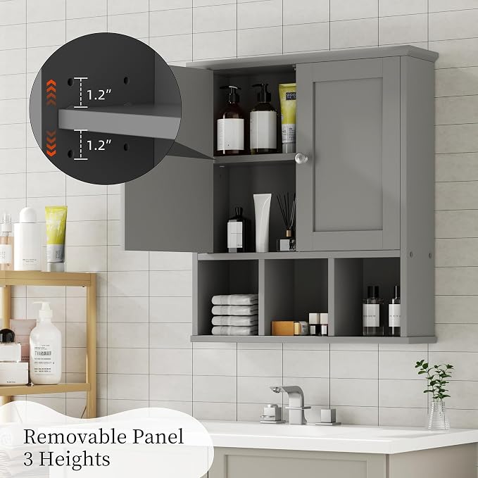 Shintenchi Bathroom Medicine Cabinet, Wall Mounted, Adjustable Shelf, Gray | Over The Toilet Cupboard, Open & Concealed Storage, 2 Magnet Doors, Space-Saving, Easy to Clean