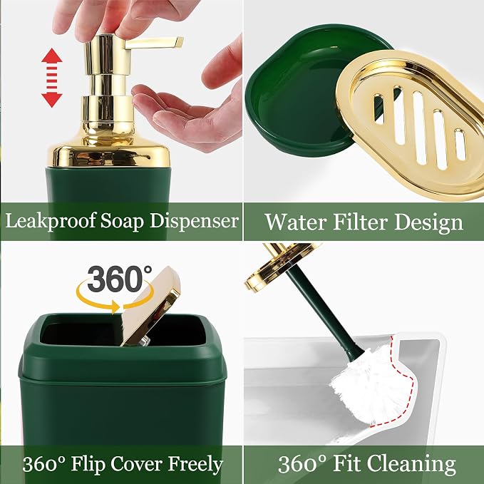 XLHOMO Bathroom Set - Green and Gold Bathroom Accessories, Bathroom Sets with Shower Curtain and Rugs, Green Shower Curtain Set with Bathroom Trash Can, Soap Dispenser, Soap Dish for Home Decor