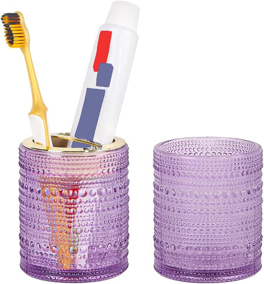 Purple Toothbrush Holders, 2pcs Glass Toothbrush Holder Set, 10oz Bathroom Tumbler Cup, Gold Tooth Brush Holder Storage Cup Organizer for Bathroom Accessories, Brushes,Toothpaste,Razor