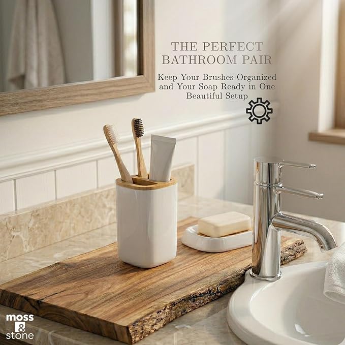 Moss & Stone 6-Pcs White & Bamboo Bathroom Accessories Set, Soap Dispenser | Modern Plastic Bathroom Set with Toothbrush Holder, Soap Dish, Cup & Trash Can for Countertop Organization and Bathroom Decor
