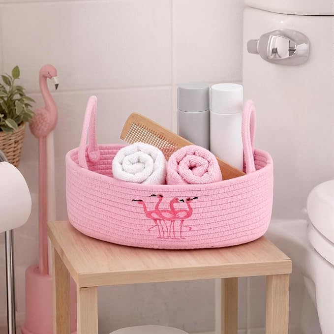 Vesici Pink Flamingo Bathroom Basket Woven Cotton Rope Storage 13x6x4 Inch | Boho Decor Basket for Countertop, Toilet Tank Organizer with Handles, Nursery Toys Storage, Bedroom Decorative Bin