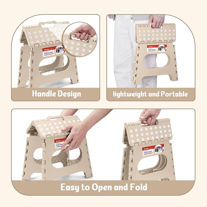 11 Inch Folding Step Stool for Kids, Non-Slip Foldable Stools, Khaki | Heavy Duty Collapsible Foot Stool, Lightweight with Built-in Handle, Holds 300 lb for Adults Kitchen Bathroom Bedroom Outdoor
